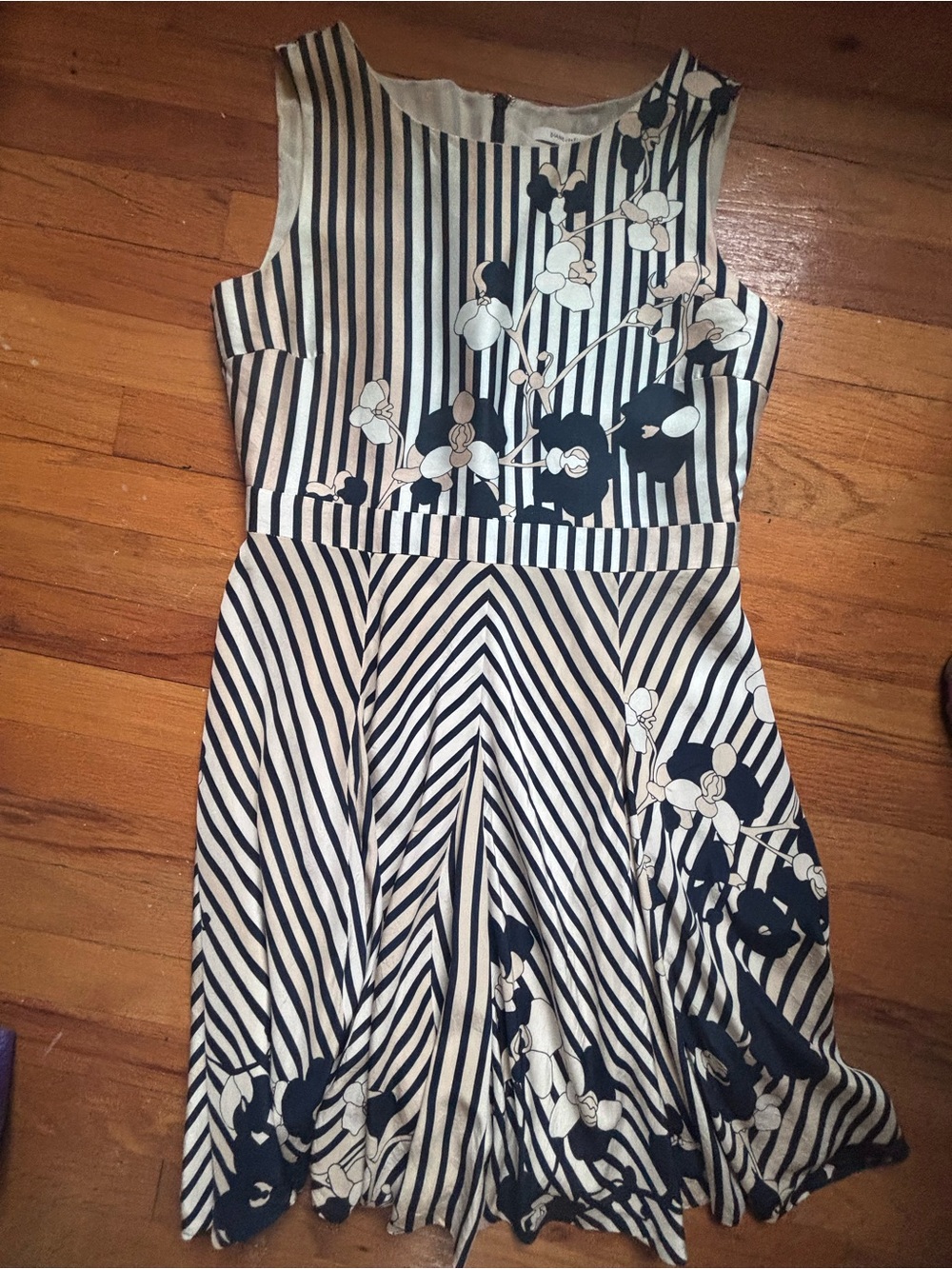 Diane Von Furstenberg Navy and White Striped Floral Fit & Flare Dress